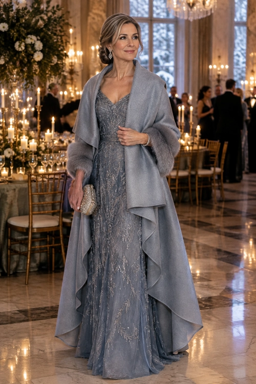 Silver Gray Evening Gown with Draped Wrap Woman wearing a silver gray embellished floor-length gown with a draped wrap, fur-trimmed cuffs, drop earrings, and a metallic clutch.