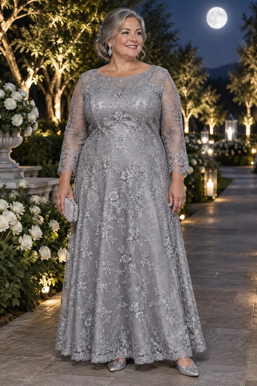 Silver Gray Lace Evening Gown A woman wears a floor-length silver-gray floral lace gown with sheer three-quarter sleeves, silver shoes, and a matching clutch.