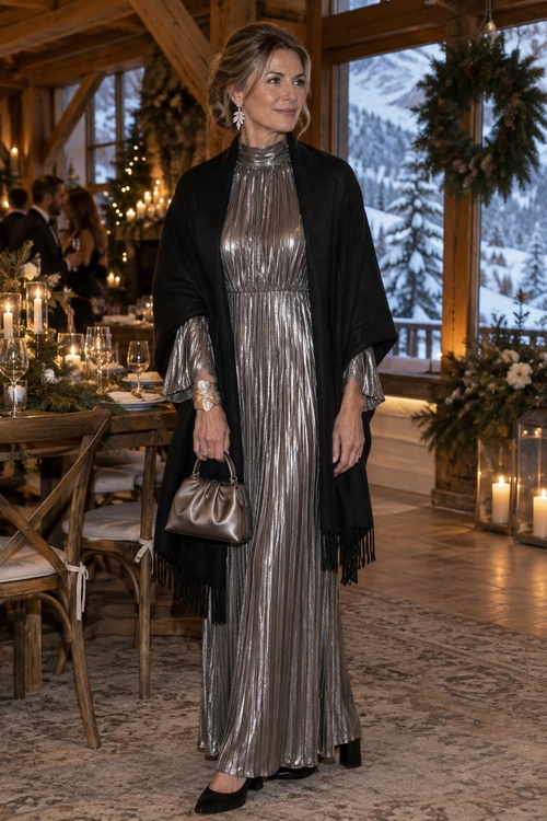 Silver Pleated Dress with Black Shawl Woman wearing a metallic silver pleated maxi dress with a black fringed shawl, black shoes, and a small taupe handbag.