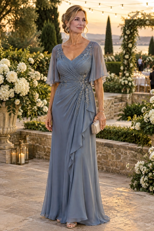 Woman wearing a slate blue draped floor-length gown with a sheer floral overlay, metallic pointed heels, and a silver clutch.