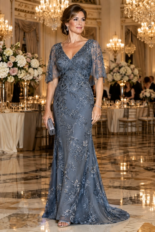 Woman wearing a slate blue floor-length gown with sheer sleeves, floral embellishments, a small clutch, and drop earrings.