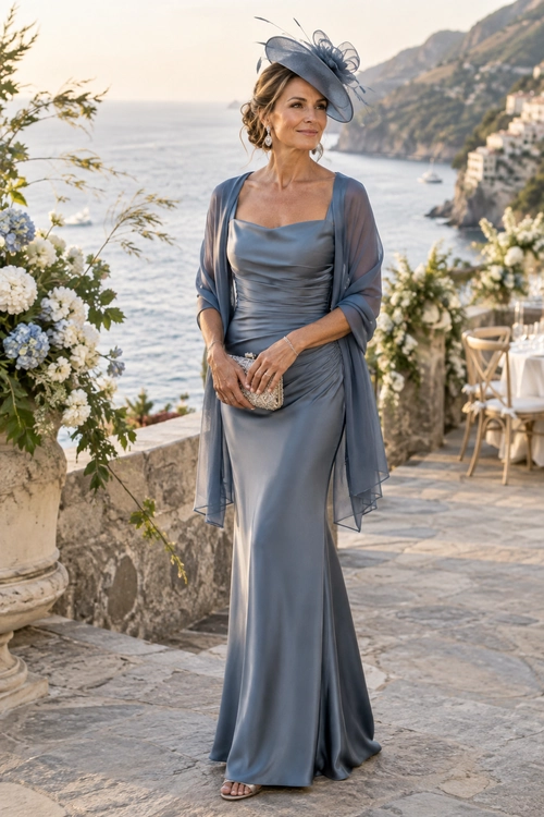 Woman wearing a slate blue floor-length gown with a sheer draped shawl, decorative fascinator, clutch, and open-toe sandals.