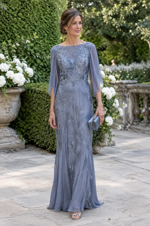 Slate Blue Lace Evening Gown A woman wears a floor-length slate blue gown with sheer lace sleeves, floral detailing, drop earrings, and a small metallic clutch.