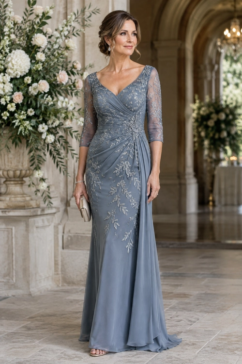 A woman wears a slate blue floor-length gown with a sheer lace bodice, three-quarter sleeves, a ruched waist, and a draped front detail.
