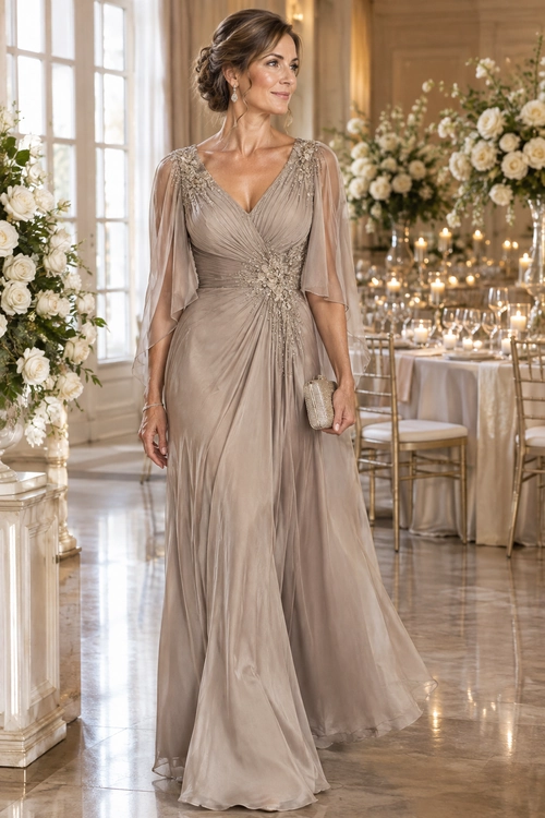 Woman wearing a taupe floor-length gown with sheer sleeves, gathered draping, embellished detailing, earrings, and a small clutch.