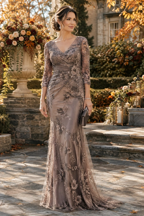 Woman wearing a long taupe embroidered gown with three-quarter sleeves and holding a black clutch outdoors.