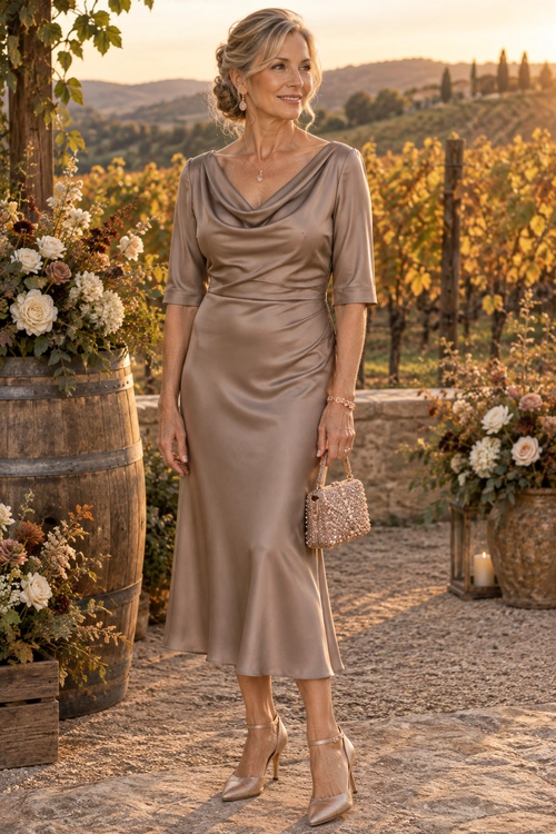 Taupe Satin Cowl-Neck Dress Woman wearing a taupe satin midi dress with a draped cowl neckline, pointed ankle-strap heels, and a beaded clutch.