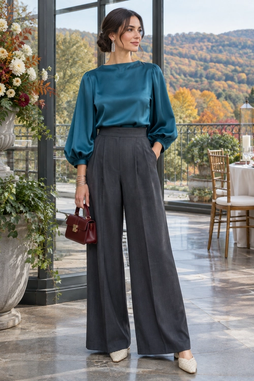 A woman wearing a teal long-sleeve blouse with voluminous sleeves, charcoal wide-leg trousers, woven flats, and a burgundy handbag.