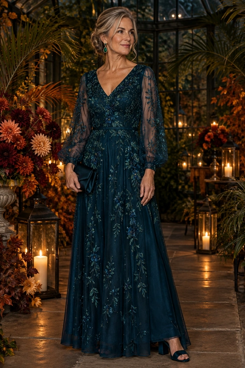 Teal Floral Evening Dress Woman wearing a dark teal floral maxi dress with sheer long sleeves, drop earrings, a clutch, and heeled sandals.