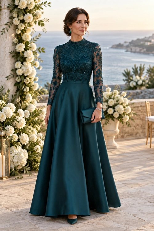 A woman wears a floor-length teal dress with a sheer lace bodice, long sleeves, and a flared satin skirt while holding a matching clutch.
