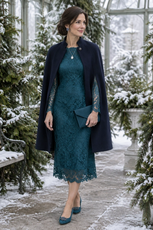 Teal Lace Dress with Navy Cape Woman wearing a teal lace midi dress with sheer sleeves, a navy cape, matching clutch, and teal embellished pumps.