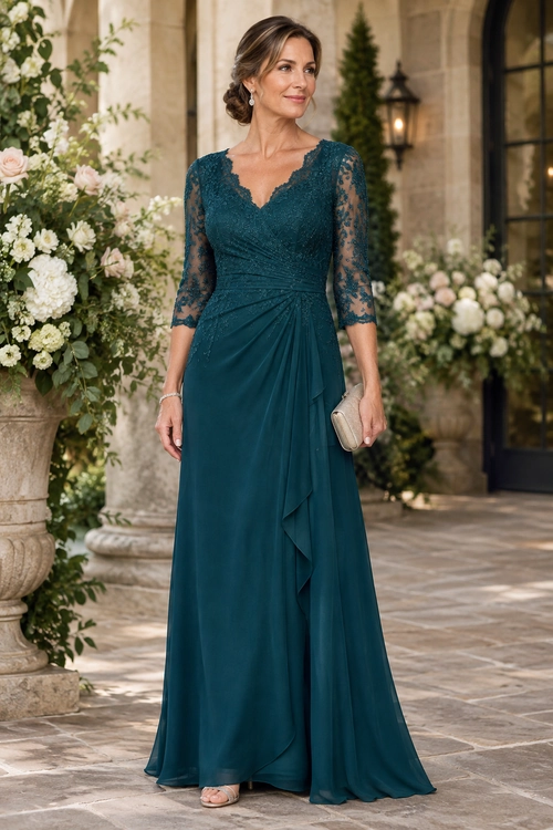 Woman wearing a floor-length teal dress with lace three-quarter sleeves, a draped skirt, and a metallic clutch.
