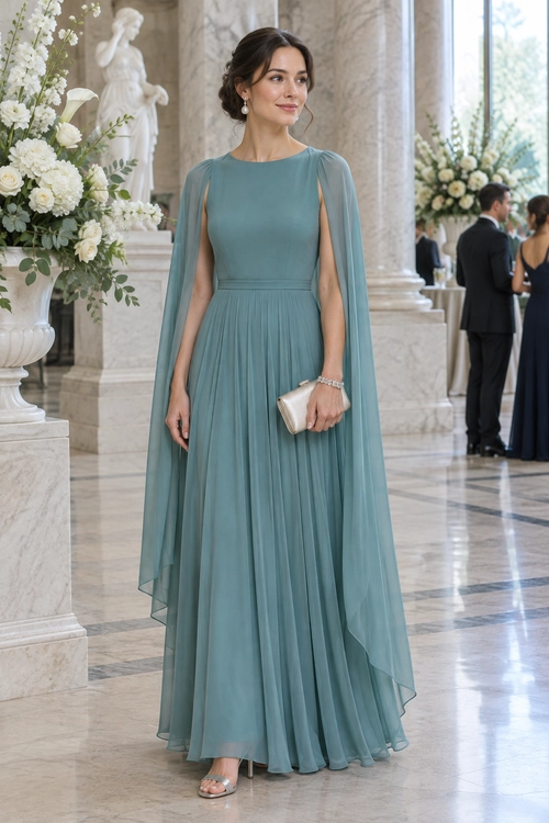 Teal Pleated Cape-Sleeve Gown Woman wearing a teal floor-length pleated gown with flowing cape sleeves, a light clutch, and metallic sandals.