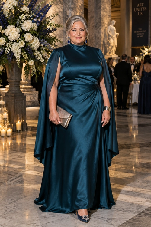 Teal Satin Cape Gown A woman wearing a floor-length teal satin gown with draped cape sleeves, a metallic clutch, drop earrings, a cuff bracelet, and embellished shoes.