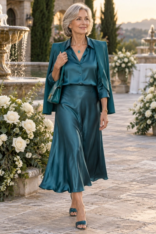 Teal Satin Skirt Suit Outfit A woman wears a monochromatic teal satin blouse, flowing skirt, draped blazer, shoulder bag, and heeled sandals.