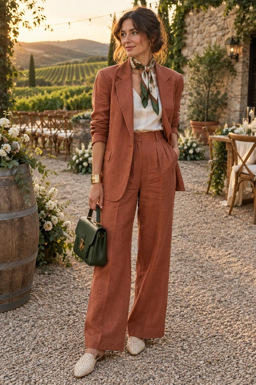 A woman wears a terracotta blazer and wide-leg trousers with a cream blouse, patterned neck scarf, dark green handbag, and woven flat mules.