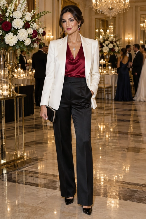 A woman wears a white blazer over a burgundy satin top with black wide-leg trousers and pointed heels at an elegant indoor event.