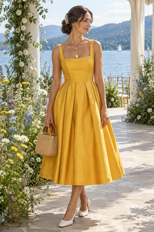 Woman wearing a yellow sleeveless fit-and-flare midi dress with cream pointed heels and a woven handbag in a garden setting.