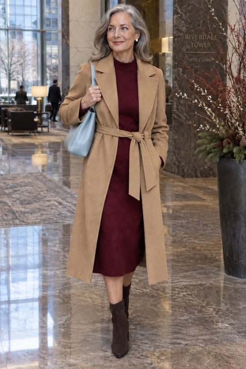 Mature woman in camel coat and burgundy dress