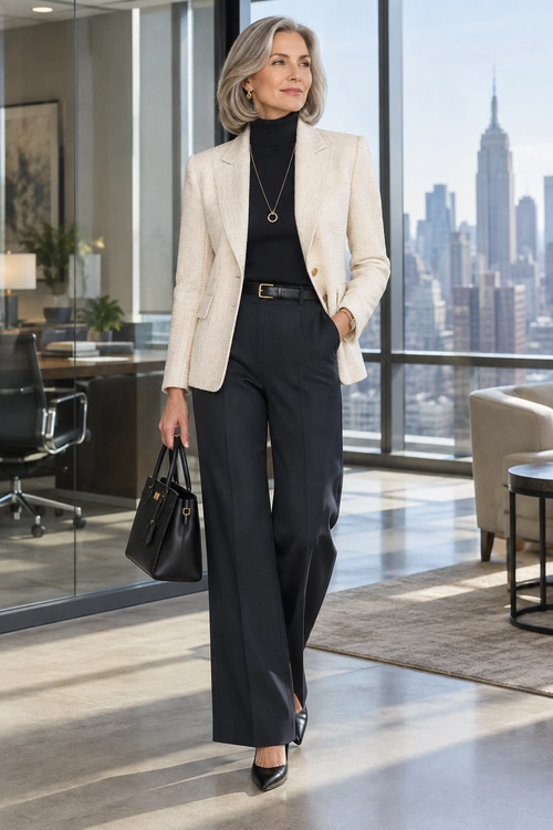 Beige Blazer and Black Trousers A beige blazer is paired with a black turtleneck, wide-leg trousers, a belt, pointed heels, and a structured handbag.