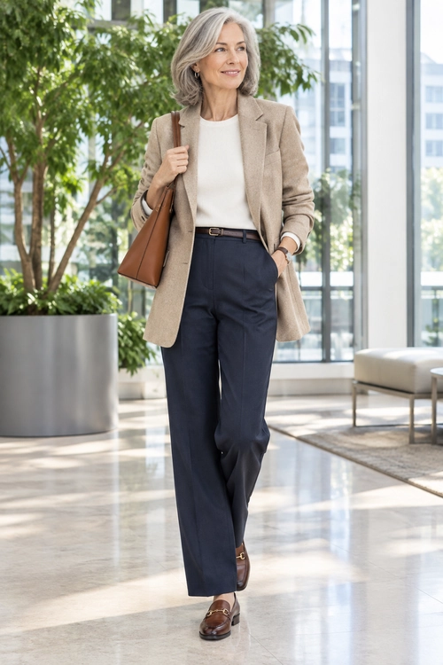 Beige Blazer and Navy Trousers A beige blazer and white top are paired with navy trousers, brown loafers, and a brown shoulder bag.