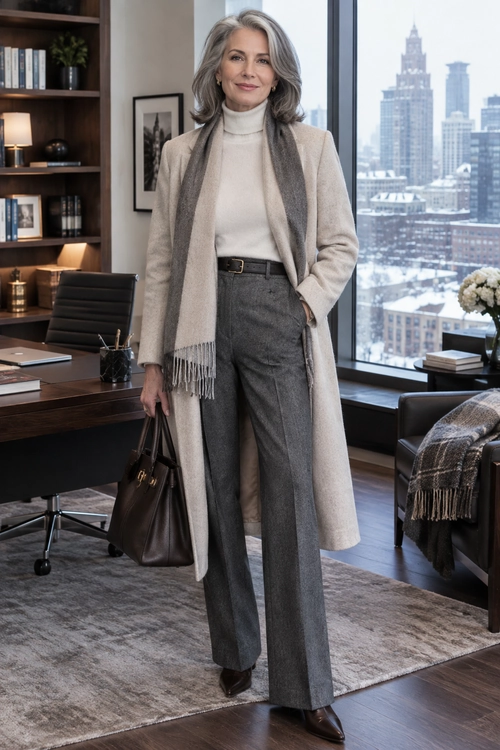 Classic Winter Workwear A woman wears a long beige coat over a cream turtleneck, gray scarf and gray wide-leg trousers, with a dark belt, ankle boots and handbag.