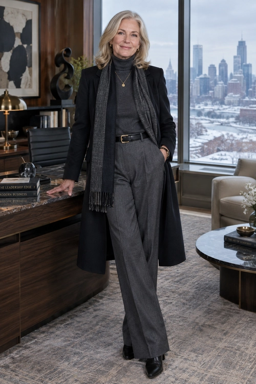 Polished Gray Office Look A charcoal turtleneck and scarf are layered under a long black coat with gray trousers, a black belt, and black shoes.