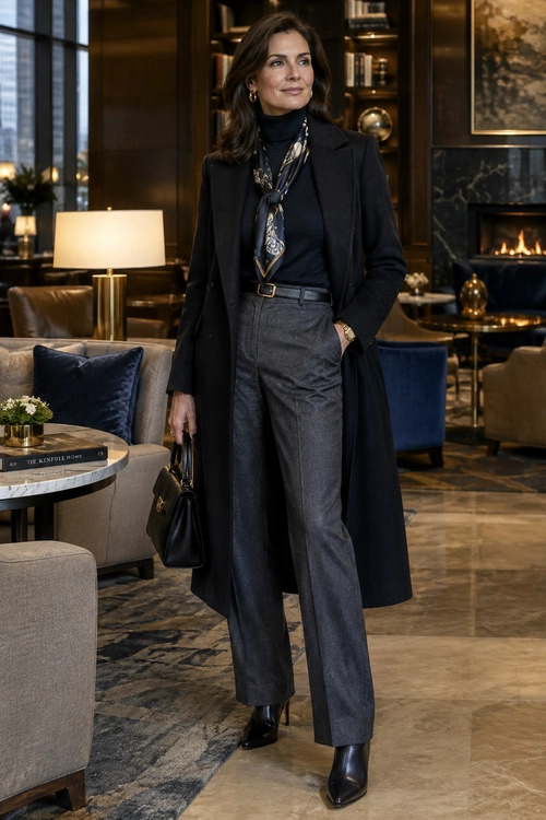 Tailored Coat and Gray Trousers A black long coat and turtleneck are styled with gray tailored trousers, a patterned neck scarf, black ankle boots, and a black handbag.