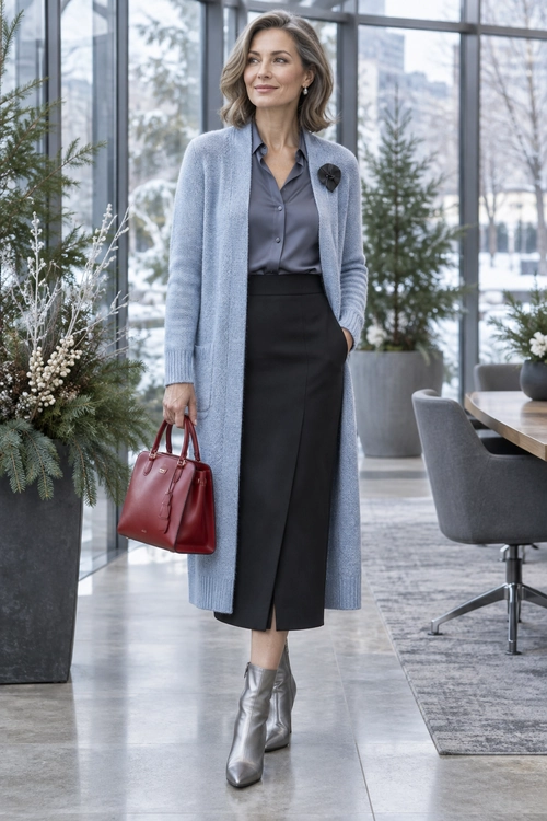 Blue Cardigan and Black Midi Skirt A light blue long cardigan and slate blue blouse are styled with a black midi skirt, silver ankle boots, a burgundy handbag, and a dark floral brooch.