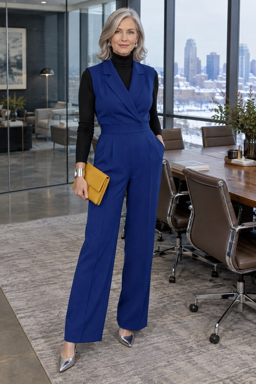 Blue Tailored Jumpsuit with Black Turtleneck A royal blue sleeveless tailored jumpsuit is layered over a black turtleneck and styled with silver pointed heels, a mustard yellow clutch, and a silver cuff bracelet.