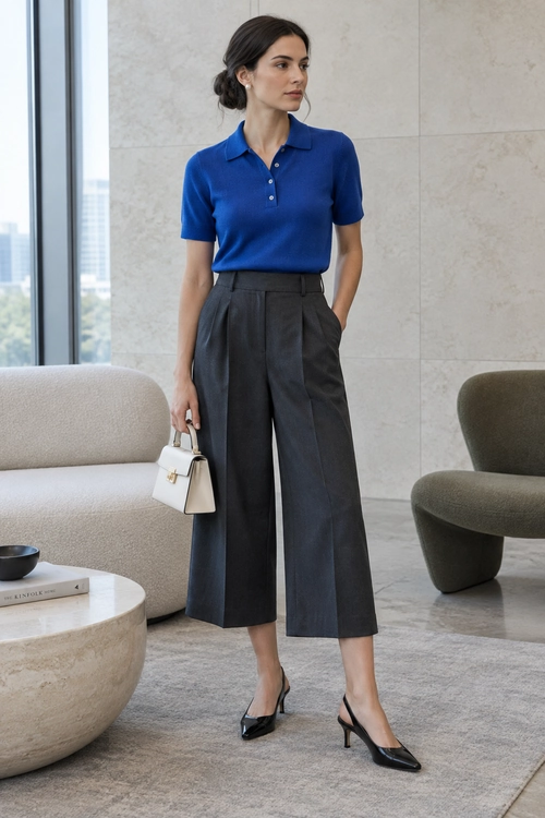 Blue Polo and Wide-Leg Trousers A cobalt blue short-sleeve polo top is paired with cropped beige wide-leg trousers, red flats, and a brown shoulder bag.