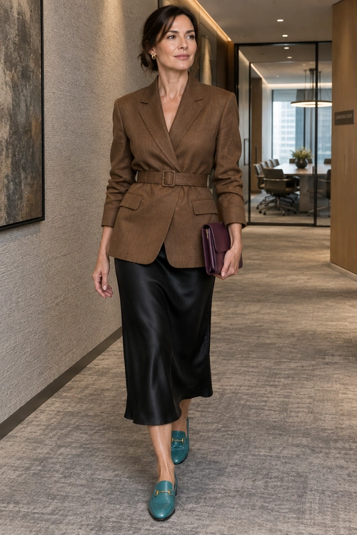 A brown belted blazer is styled with a black midi skirt, teal loafers, gold earrings, and a plum clutch.