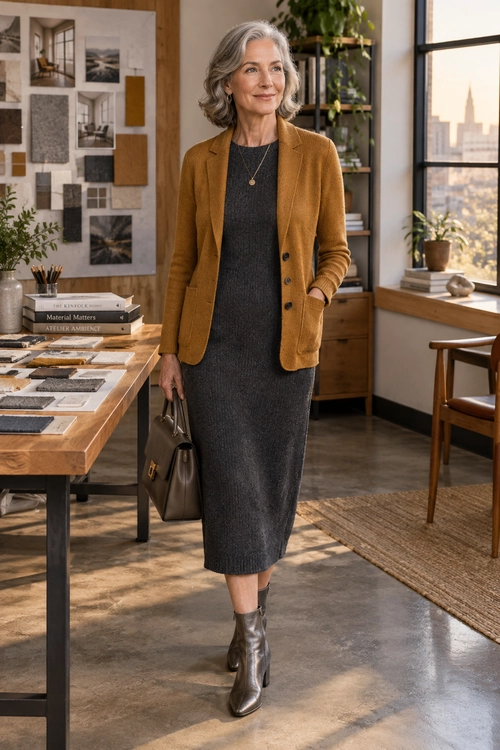 Brown Blazer and Charcoal Midi Dress A brown button-front blazer is layered over a charcoal knit midi dress with heeled ankle boots, a pendant necklace, and a dark handbag.