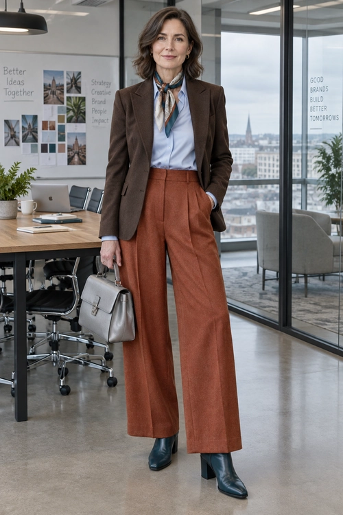 Brown Blazer and Rust Trousers A brown blazer and light blue shirt are styled with a patterned scarf, rust wide-leg trousers, dark teal ankle boots, and a gray handbag.