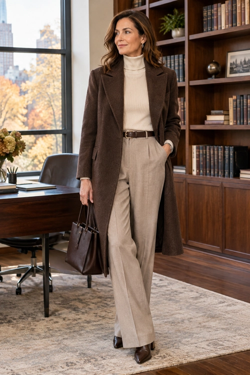 A dark brown coat layered over an ivory turtleneck and beige wide-leg trousers, with a brown belt, matching handbag, and dark brown ankle boots.