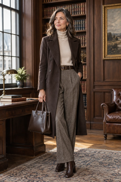 Brown Coat and Tailored Trousers A long dark brown coat layered over a cream turtleneck and gray-brown wide-leg trousers, with brown ankle boots and a structured handbag.