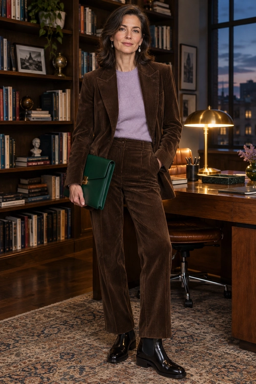 Brown Corduroy Suit with Lavender Knit A brown corduroy blazer and wide-leg trousers are styled with a lavender knit top, black ankle boots, and a dark green clutch.