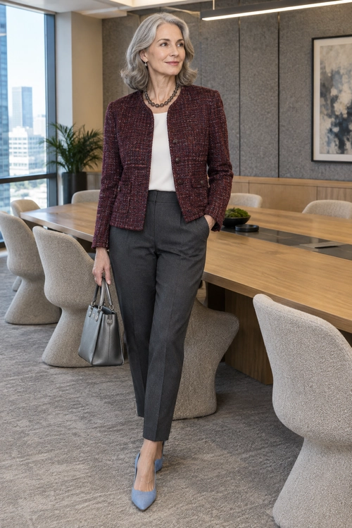 Burgundy Tweed Work Outfit A burgundy tweed jacket over a white top with charcoal trousers, blue pointed-toe shoes, a gray handbag, and a dark necklace.