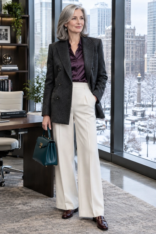 Polished Blazer and Wide-Leg Trousers A charcoal double-breasted blazer and plum blouse are paired with ivory wide-leg trousers, burgundy loafers, and a teal handbag.