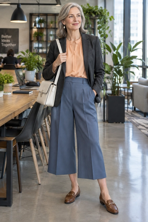 Polished Blazer and Wide-Leg Trousers A charcoal blazer and peach blouse are paired with blue-gray cropped wide-leg trousers, brown loafers, and a cream shoulder bag.