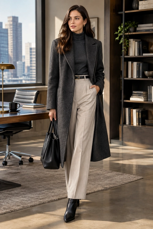 Tailored Charcoal Layers A woman wears a long charcoal coat over a dark blazer, gray turtleneck and tailored trousers, with black boots and a handbag.