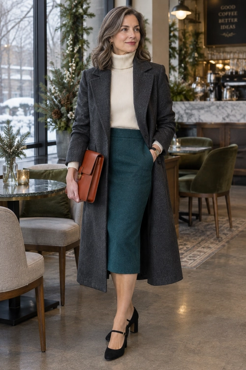 Polished Coat and Teal Skirt Outfit A charcoal long coat layered over a cream turtleneck and teal midi skirt, paired with black Mary Jane heels and a brown clutch.