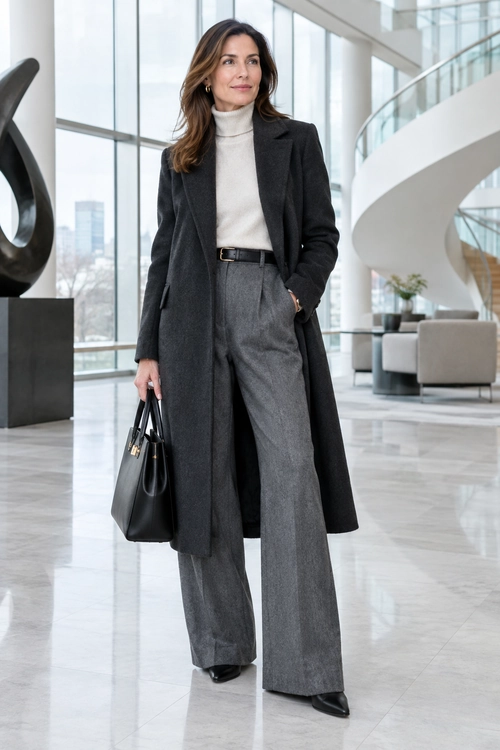 Charcoal Coat and Wide-Leg Trousers A charcoal long coat layered over a cream turtleneck and gray wide-leg trousers, with a black belt, handbag, and shoes.