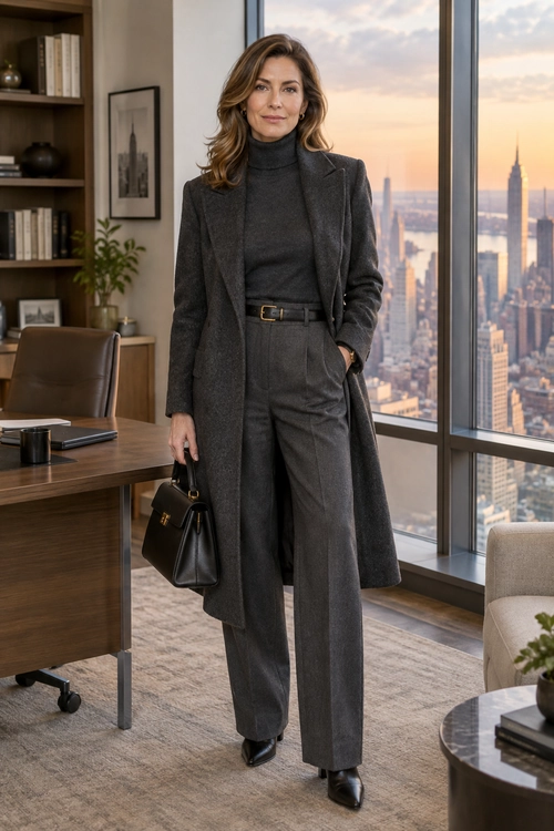 Charcoal Office Look A charcoal turtleneck and tailored trousers are layered under a long charcoal coat, with a black belt, pointed shoes, and structured handbag.