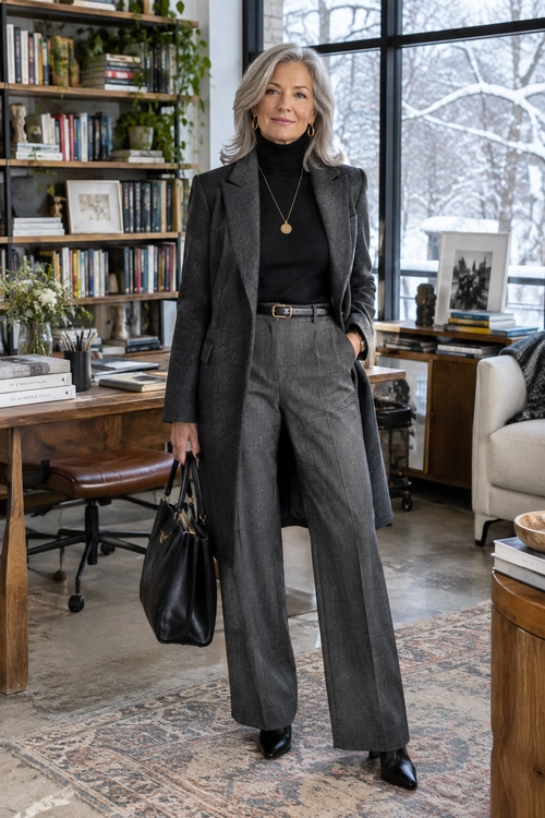 Polished Charcoal Suit A charcoal blazer and wide-leg trousers are paired with a black turtleneck, belt, pointed shoes, and handbag.