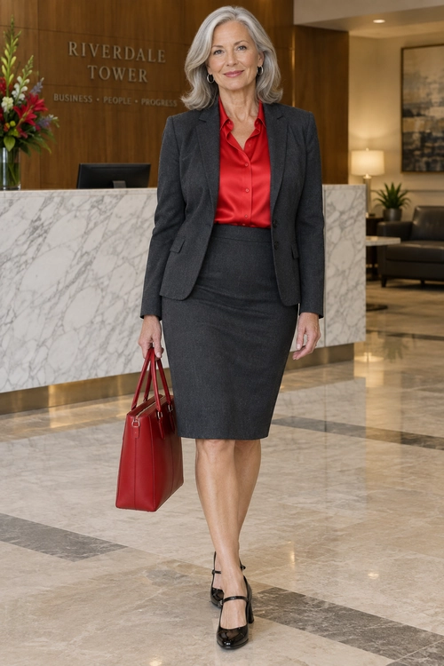 A charcoal blazer and matching pencil skirt are styled with a red button-up blouse, black strap heels, and a red handbag.