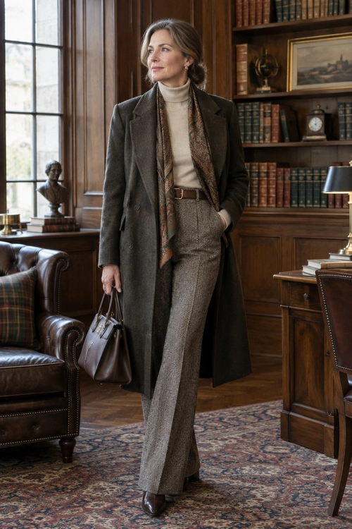 Classic Tweed Layers A tailored tweed outfit with a long dark coat, cream turtleneck, patterned scarf, brown belt, trousers, and handbag.