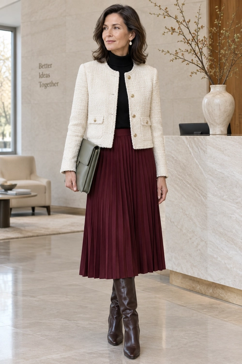 A cream textured jacket and black turtleneck are paired with a burgundy pleated skirt, dark brown knee-high boots, and a muted green clutch.