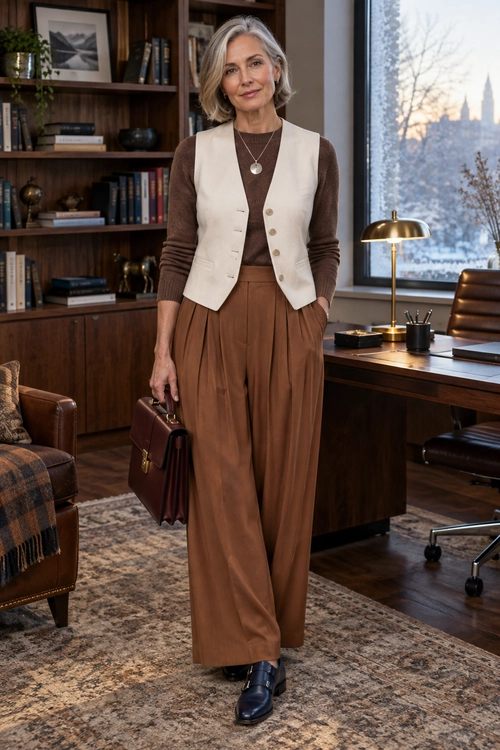Cream Vest and Wide-Leg Trousers A cream button-front vest layered over a brown knit top with wide-leg brown trousers, dark loafers, a pendant necklace, and a burgundy handbag.