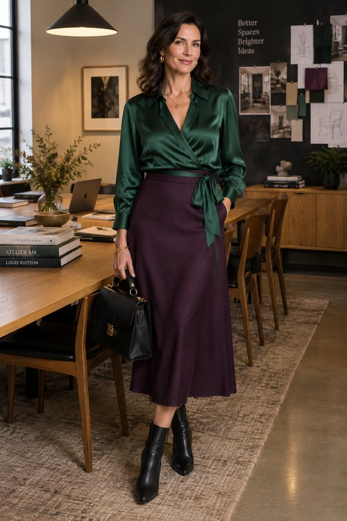 A woman wears an emerald satin wrap blouse with a plum midi skirt, black ankle boots, and a black handbag.